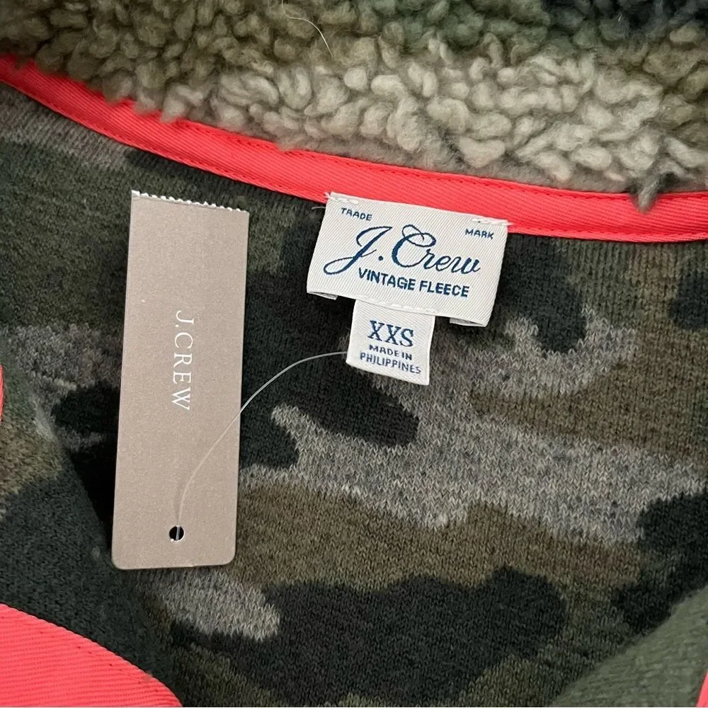 NWT J. Crew Camo Snap-Collar Sherpa Pullover Fleece Sweatshirt, Size XXS
